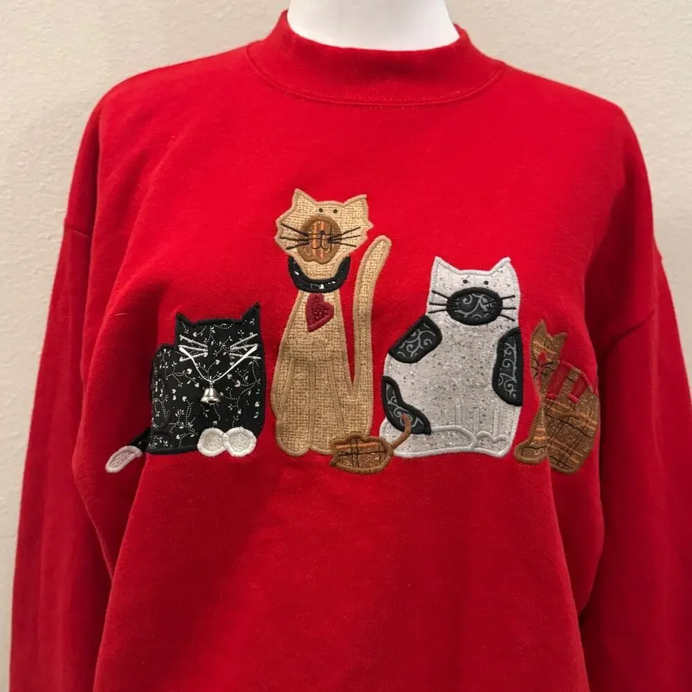 Vintage Orvis Cat Sweatshirt Red Novelty Crewneck Medium Embroidered Grandmacore